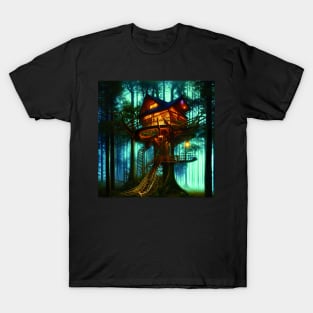 Magical Cottage Tree House with Lights in Forest with High Trees, Scenery Nature T-Shirt